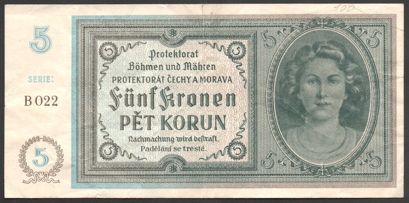 Bohemia & Moravia German Occupation-WWII 5 Korun 1940 
P# 4a; № B022