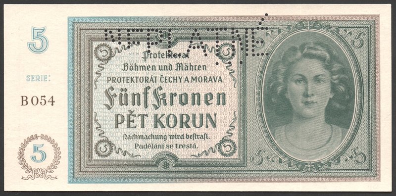 Bohemia & Moravia German Occupation-WWII 5 Korun 1940 Neplatne
P# 4s; № B054; A...