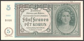 Bohemia & Moravia German Occupation-WWII 5 Korun 1940 Specimen
P# 4s; № B016; AUNC
