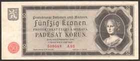 Bohemia & Moravia German Occupation-WWII 50 Korun 1940 
P# 5a; № A05/509049