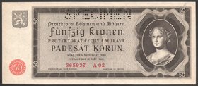 Bohemia & Moravia German Occupation-WWII 50 Korun 1940 Specimen
P# 5s; № A02/365937; AUNC