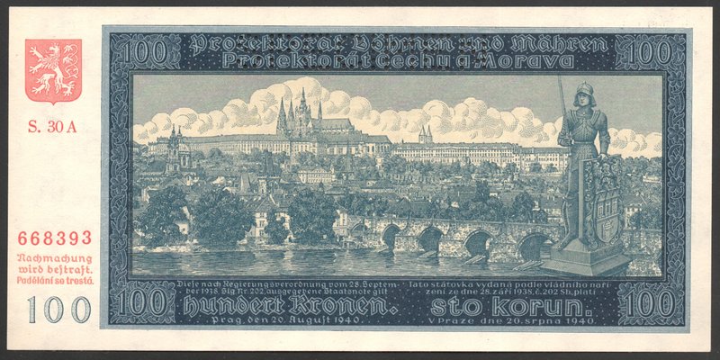 Bohemia & Moravia German Occupation-WWII 100 Korun 1940 II Emission Specimen
P#...