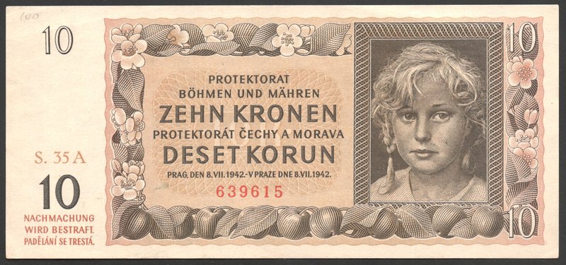 Bohemia & Moravia German Occupation-WWII 10 Korun 1942 
P# 8a; № S35A639615; AU...