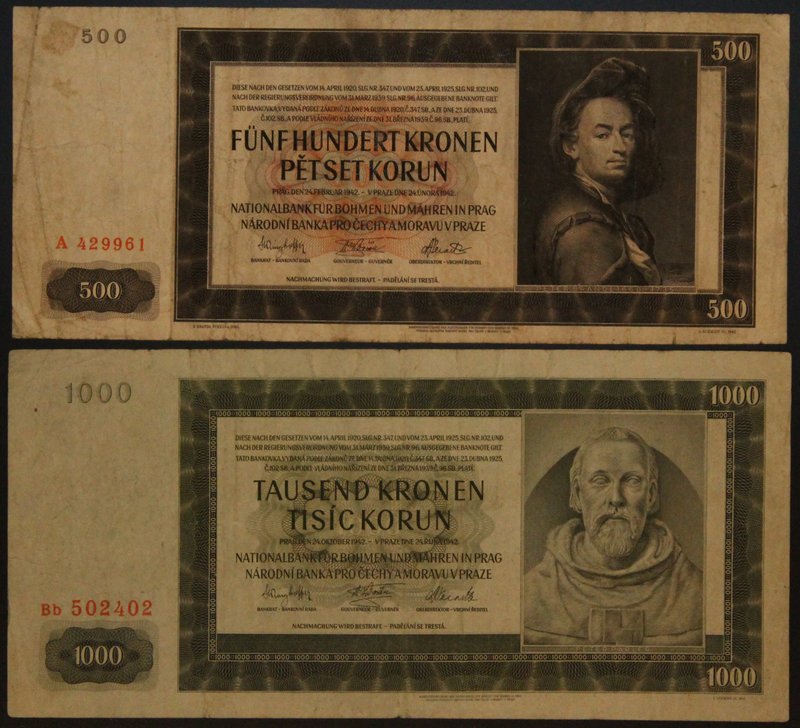 Bohemia & Moravia German Occupation-WWII 500-1000 Korun 1942 
P# 11a and 14a; №...