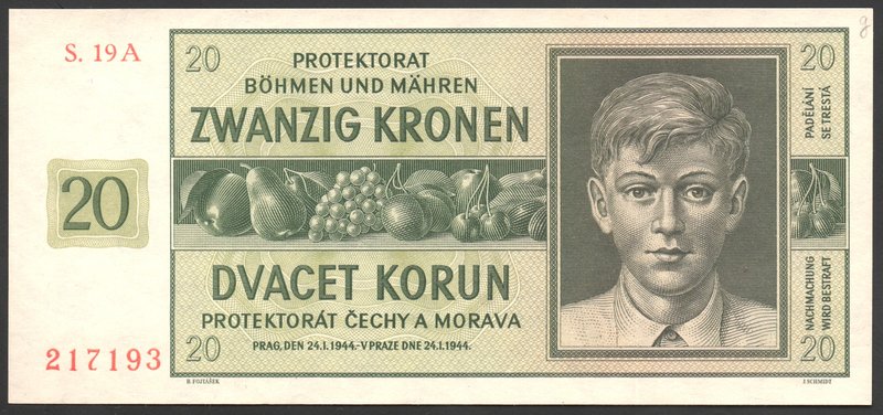 Bohemia & Moravia German Occupation-WWII 20 Korun 1944 
P# 9a; № S19A217193; AU...