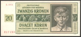 Bohemia & Moravia German Occupation-WWII 20 Korun 1944 
P# 9a; № S19A217193; AUNC