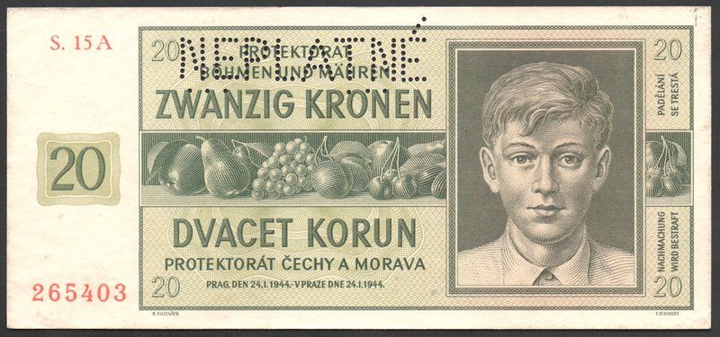 Bohemia & Moravia German Occupation-WWII 20 Korun 1944 Neplatne
P# 9s; № S15A26...