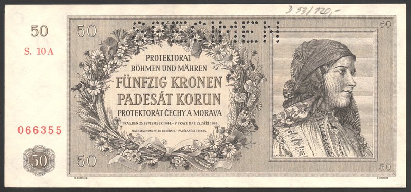 Bohemia & Moravia German Occupation-WWII 50 Korun 1944 Specimen
P# 10s; № S10A0...