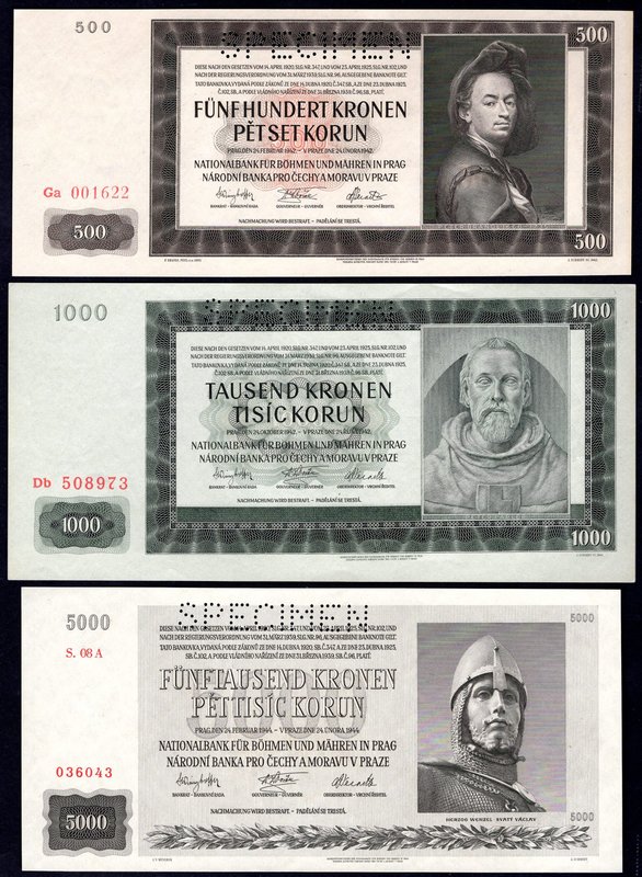 Bohemia & Moravia Lot of 3 Specimen Banknotes 
500 1000 5000 Korun 1942-1944; A...