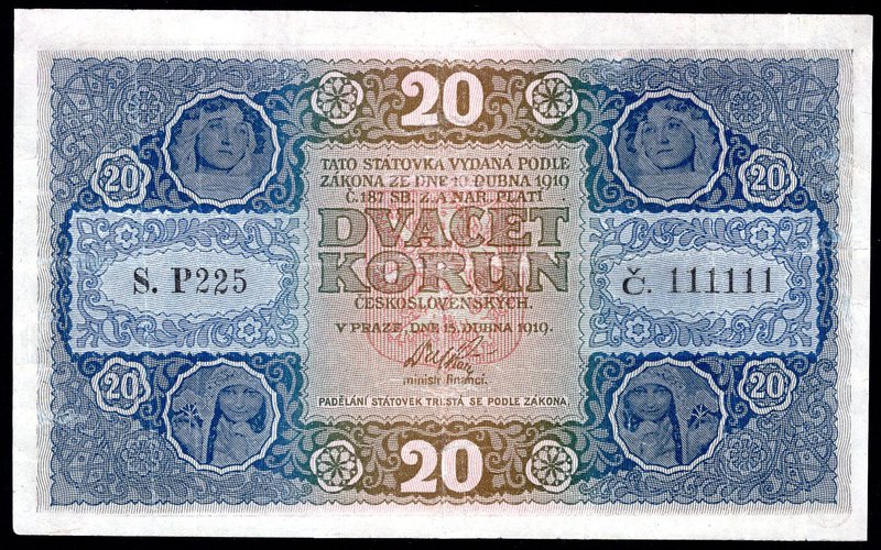 Czechoslovakia 20 Korun 1919 
P# 9a; Serie P; # 111111; VF