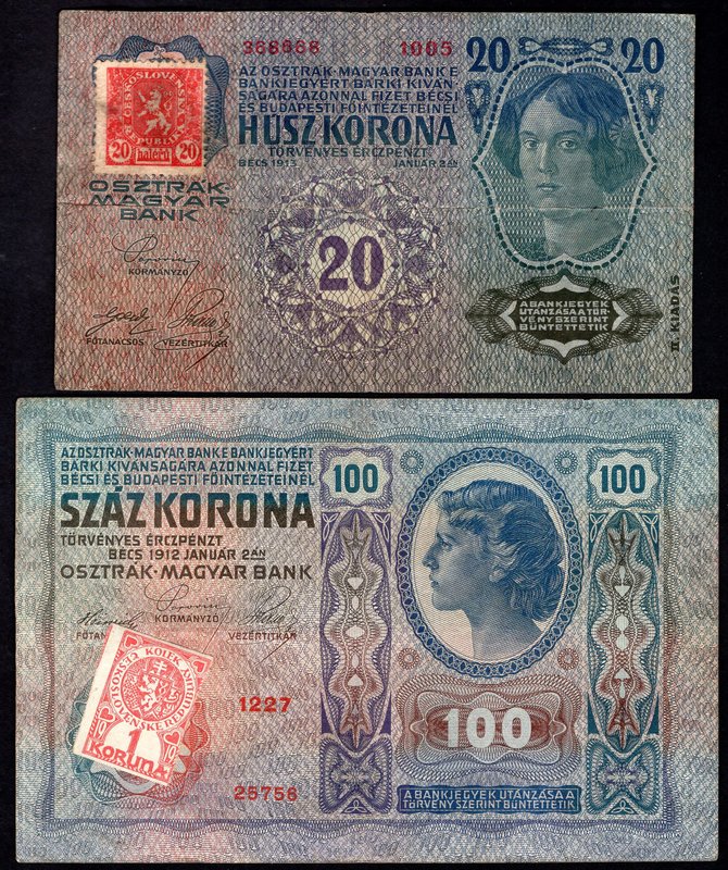 Czechoslovakia Lot of 2 Banknotes 1919 
20 Korun 1919 & 100 Korun 1919; Made on...