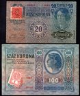 Czechoslovakia Lot of 2 Banknotes 1919 
20 Korun 1919 & 100 Korun 1919; Made on Austria-Hungarian Banknotes with Stamps