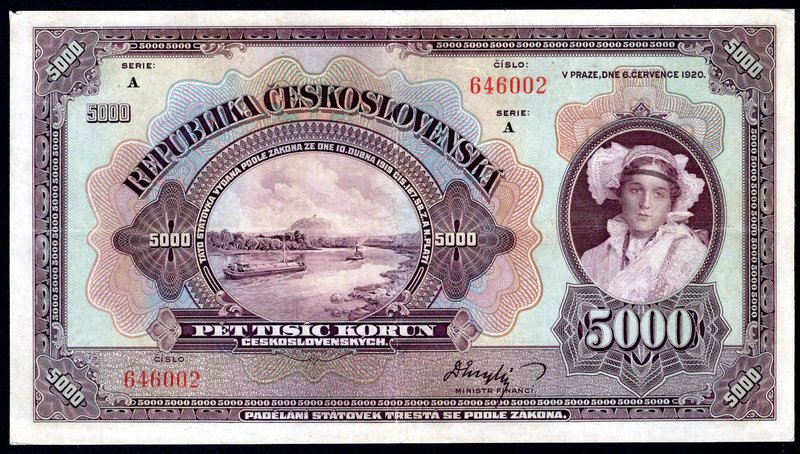 Czechoslovakia 5000 Korun 1920 
P# 19a; Serie A; VF/XF