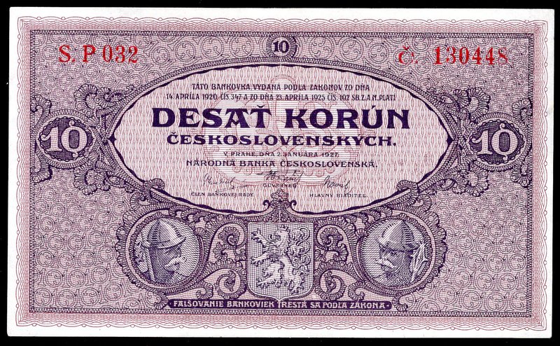 Czechoslovakia 10 Korun 1927 
P# 20a; XF/AUNC