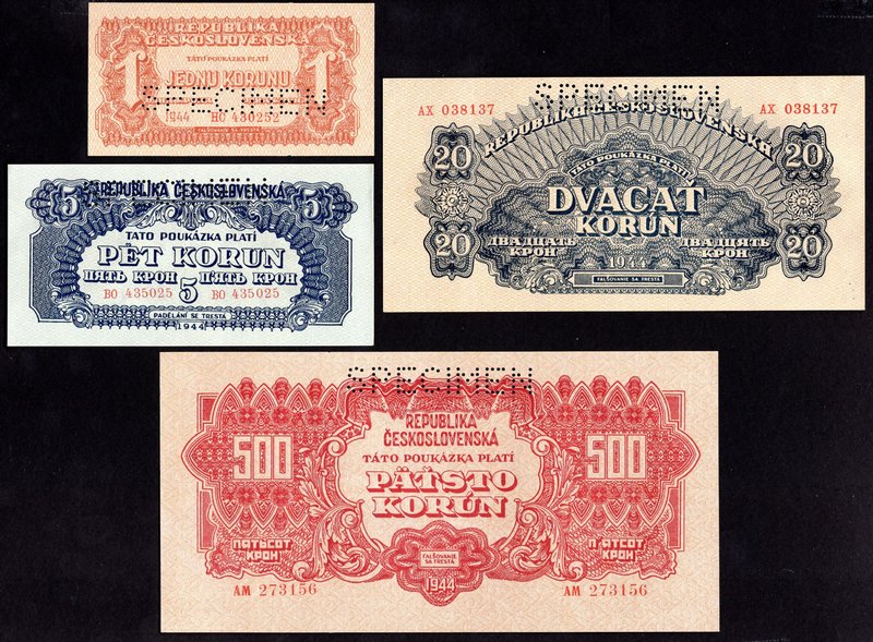 Czechoslovakia Lot of 4 Specimen Banknotes 
1 5 20 500 Korun 1944; AUNC/UNC
