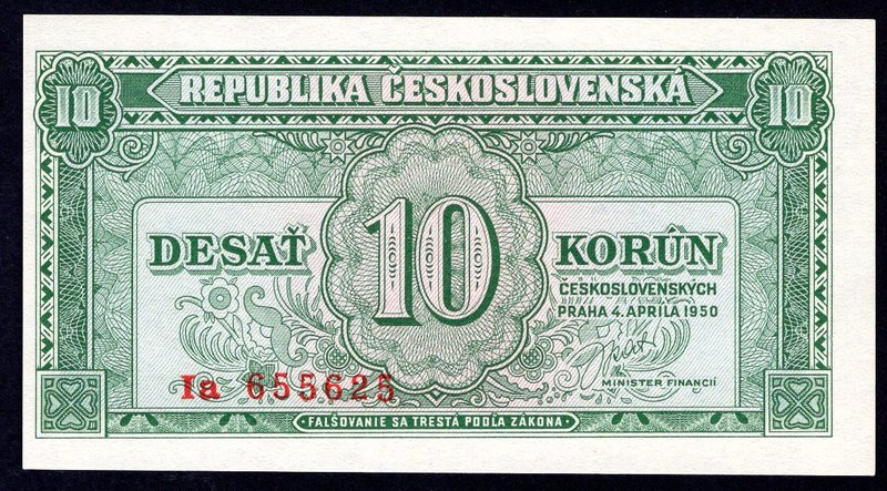 Czechoslovakia 10 Korun 1950 
P# 69a; UNC