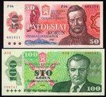 Czechoslovakia Lot of 2 Banknotes 
50 Korun 1987 & 100 Korun 1989; UNC