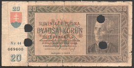 Slovakia 20 Korun 1939 Cancelled
P# 5; № Xy44/069600; Rare