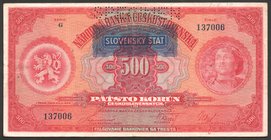Slovakia 500 Korun 1939 Specimen
P# 2s; № G137006