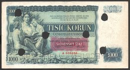 Slovakia 1000 Korun 1939 Specimen Cancelled
P# 3s; № A808689; Rare