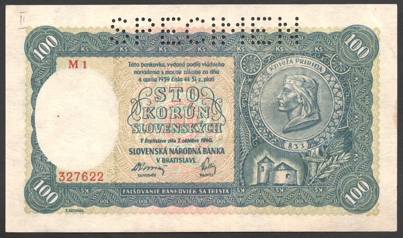 Slovakia 100 Korun 1940 II Emission Specimen
P# 11s; № M1327622