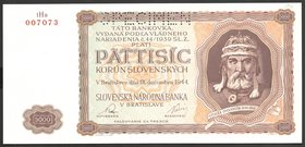 Slovakia 5000 Korun 1944 Specimen
P# 14s; № 1Ha007073; AUNC+