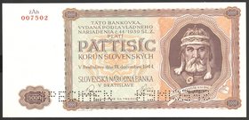 Slovakia 5000 Korun 1944 Specimen
P# 14s; № 2Ah007502; AUNC+