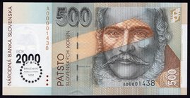 Slovakia 500 Korun 1993 with "Bimillennium" Overprint
P# 38; UNC