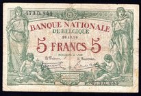 Belgium 5 Francs 1918 
P# 75b; F
