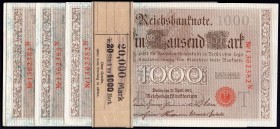 Germany - Empire Lot of 20 Consecutive Banknotes 1000 Mark 1910
P# 44b, 20 Consecutive Banknotes # 1362382-1362400, 0071982-0071983; AUNC/UNC