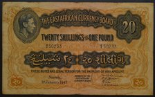 East Africa 20 Shillings or 1 Pound 1947 Rare
P# 30b; № M/4 50233