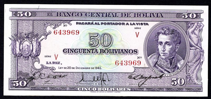 Bolivia 50 Bolivianos 1945 
P# 141; UNC