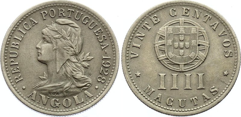 Angola 20 Centavos / 4 Macutas 1928 
KM# 68; Hard to Find; Mintage 500,000; XF