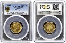 Albania 20 Franga Ari 1938 R PCGS MS63
KM# 22; Gold; Marriage of King Zog I