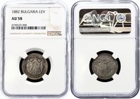 Bulgaria 1 Lev 1882 NGC AU58
KM# 4; Aleksandr I. St Petersburg Mint. Silver, UNC. Mint luster and almost no traces of worn. Dark original patina. Rar...