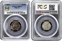 Bulgaria 50 Stotinki 1913 PCGS MS64
KM# 30; Ferdinand I. Kremnitz Mint. Silver, UNC. Beautidul patina and mint luster. Rare in high grade. PCGS MS64.