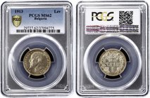 Bulgaria 1 Lev 1913 PCGS MS62
KM# 31; Ferdinand I. Kremnitz Mint. Silver, UNC. Beautidul golden patina and mint luster. Rare in high grade. PCGS MS62...