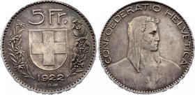 Switzerland 5 Francs 1922 B
KM# 37; Silver; XF Nice Toning