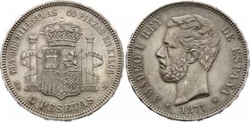 Spain 5 Pesetas 1871 SDM
KM# 666; Silver; Amadeao I; XF/aUNC