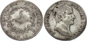 France 5 Francs 1803 L'an 12 H Rare!
KM# 659.6; Silver; Mintage 69,939; Napoleon I; VF-