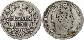 France 5 Francs 1838 D Rare!
KM# 749.4 (Lyon); Silver; Mintage 149,091; F
