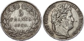 France 5 Francs 1839 L'an 12 D
KM# 749.4; Silver; Louis Philippe I; VF