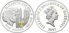 Guernsey 5 Pounds 1997 Golden Wedding
KM# 71a; Silver Proof; Golden Wedding - Silver; Mint. 50,000