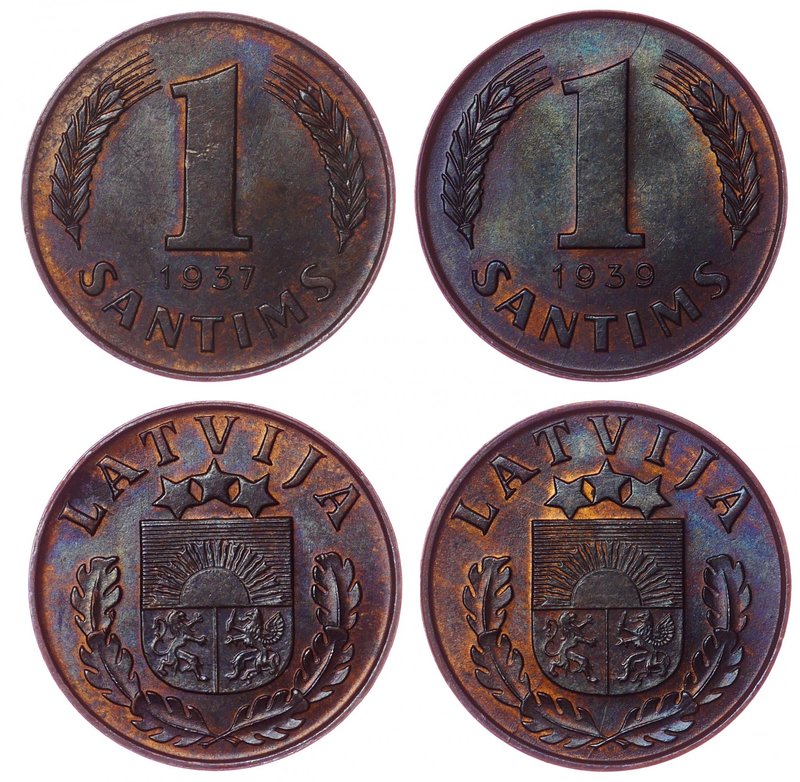 Latvia Set of 2 Coins 1 Santims 1937 - 1939
KM# 10; Bronze; UNC