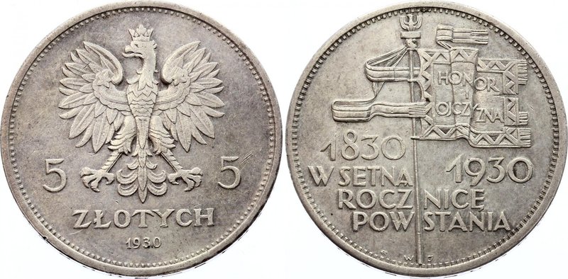 Poland 5 Zlotych 1930 
Y# 19.1; Centennial of 1830 Revolution. Silver, AUNC. Ra...