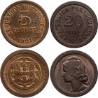 Portugal Lot of 2 Coins 
5 Centavos 1921 & 20 Centavos 1925; UNC