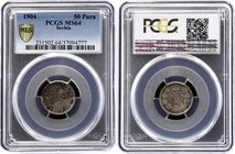 Serbia 50 Para 1904 PCGS MS64
KM# 24.1, medal alignment; Petar I King of Serbia. By Stefan Schwartz. Silver, UNC. beautiful grey patina with some blu...