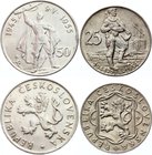 Czechoslovakia Lot of 2 Coins 
25 50 Korun 1954-1955; Silver; Liberation from Germany