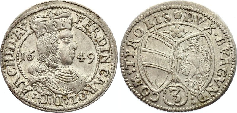 Austria Tyrol 3 Kreuzer 1649 
KM# 852; Silver; XF
