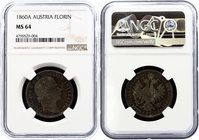 Austria Florin 1860 A NGC MS64
KM# 2219; Franz Joseph I. Silver; UNC. Amazing dark-violet patina over lustrous surface. Very rare in this high grade!...
